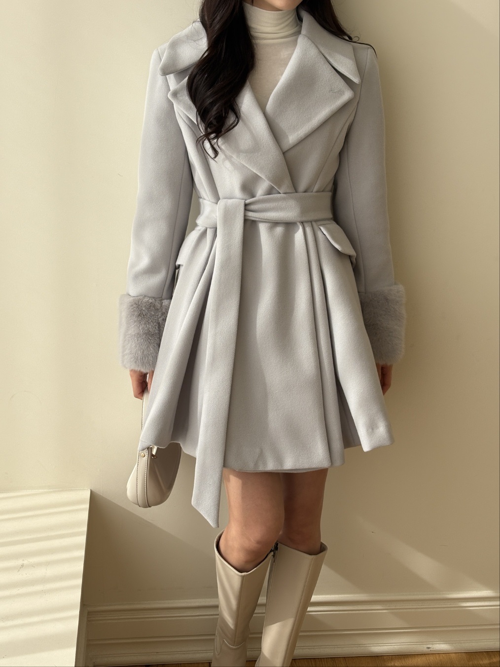 コンビエコファーボタンカラースリム長袖フレアミニコートベルト付 | 詳細画像9