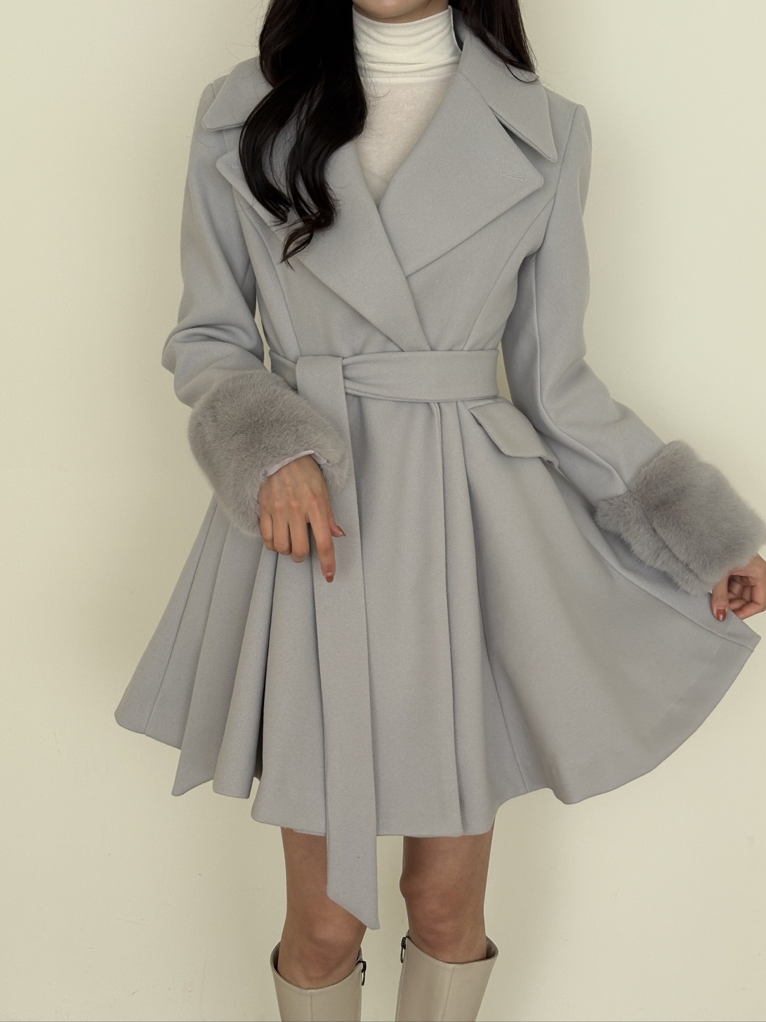 コンビエコファーボタンカラースリム長袖フレアミニコートベルト付 | 詳細画像15