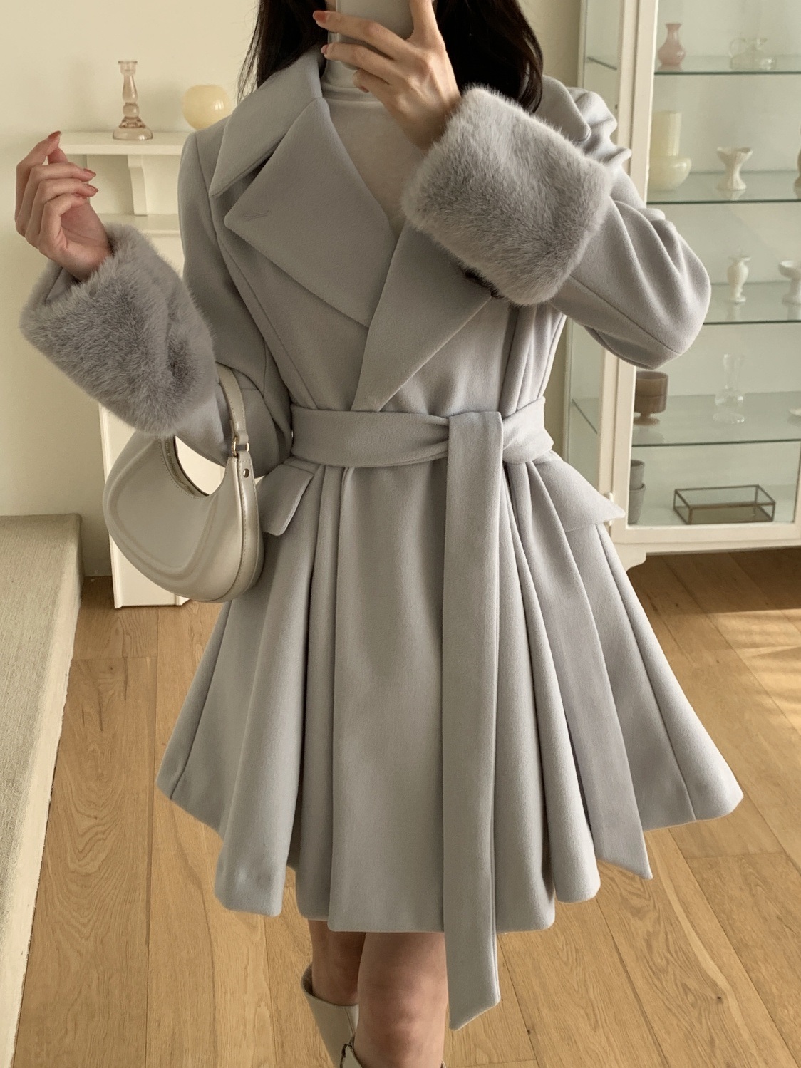 コンビエコファーボタンカラースリム長袖フレアミニコートベルト付 | 詳細画像16