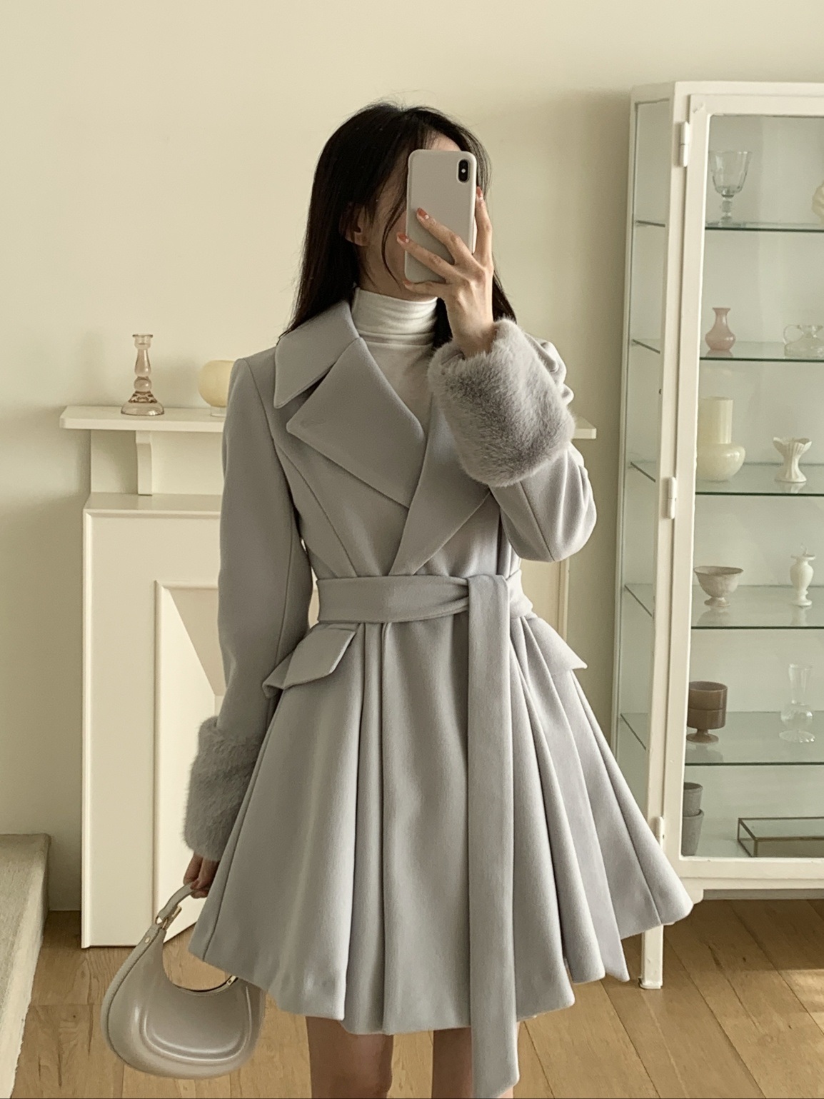 コンビエコファーボタンカラースリム長袖フレアミニコートベルト付 | 詳細画像17