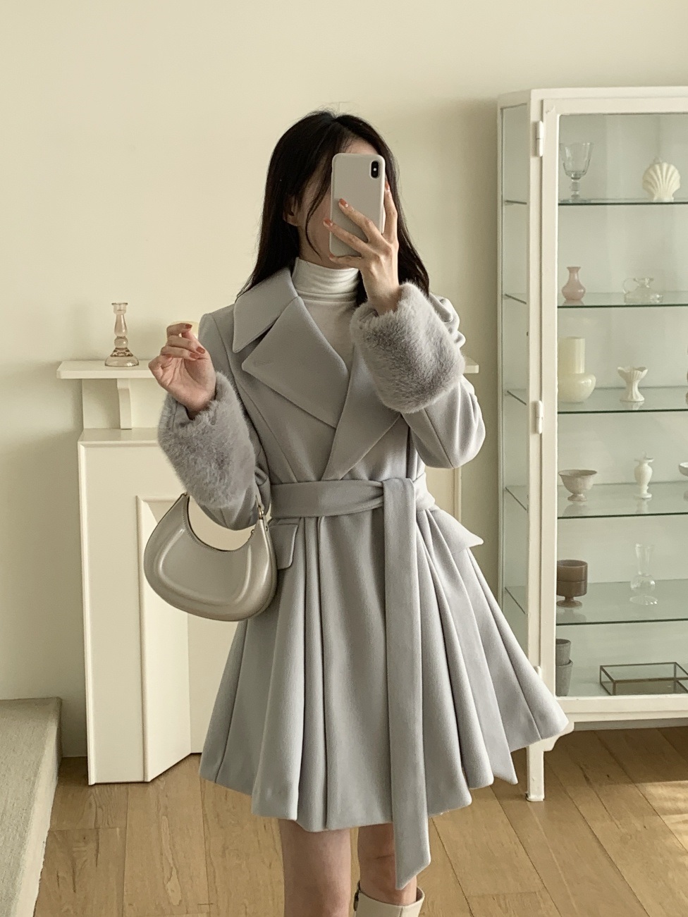 コンビエコファーボタンカラースリム長袖フレアミニコートベルト付 | 詳細画像18