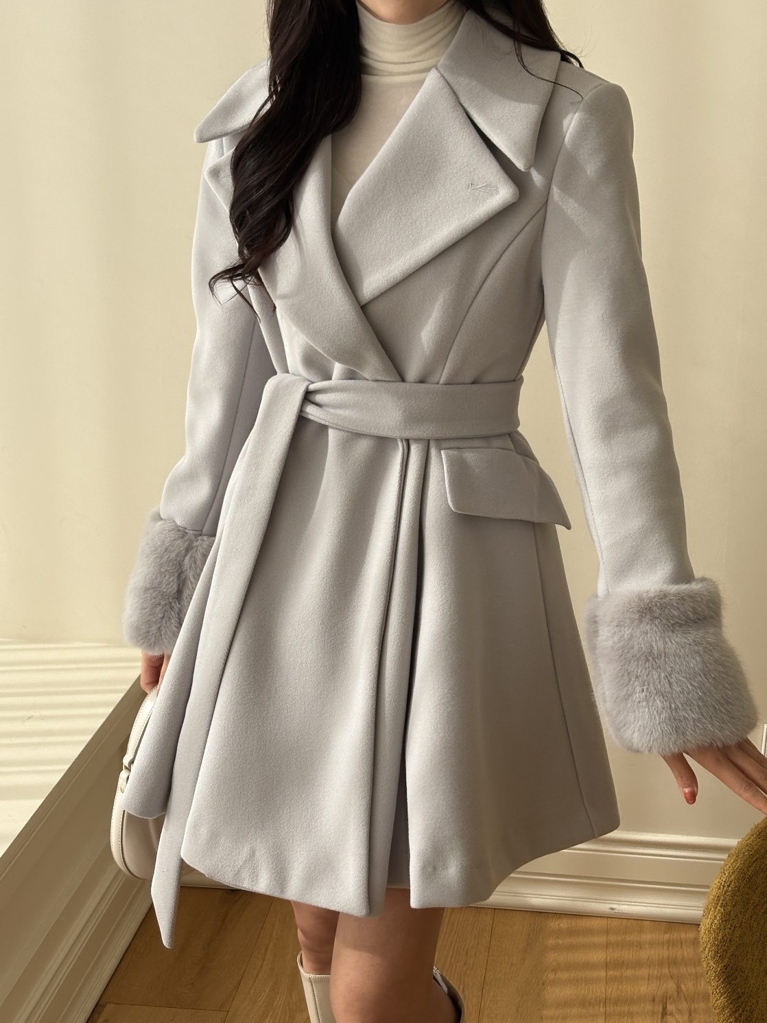 コンビエコファーボタンカラースリム長袖フレアミニコートベルト付 | 詳細画像20