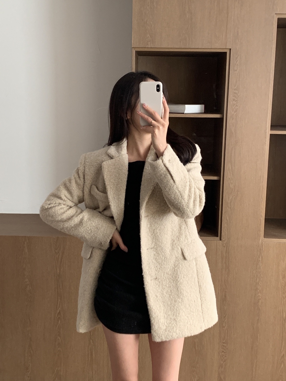 ブークレボタンカラーポケット長袖ハーフコートベルト付 | 詳細画像3