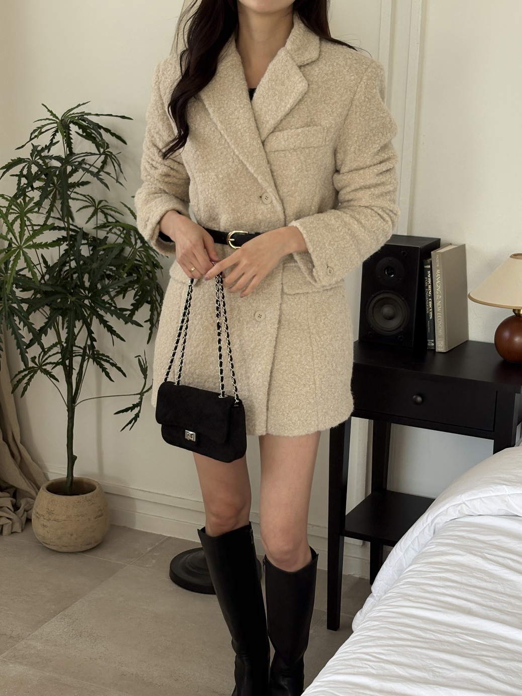 ブークレボタンカラーポケット長袖ハーフコートベルト付 | 詳細画像12