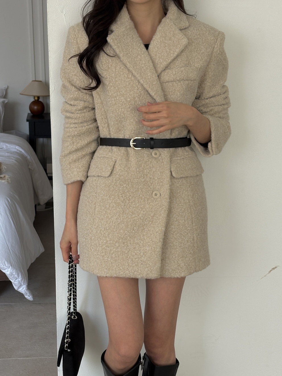 ブークレボタンカラーポケット長袖ハーフコートベルト付 | 詳細画像20