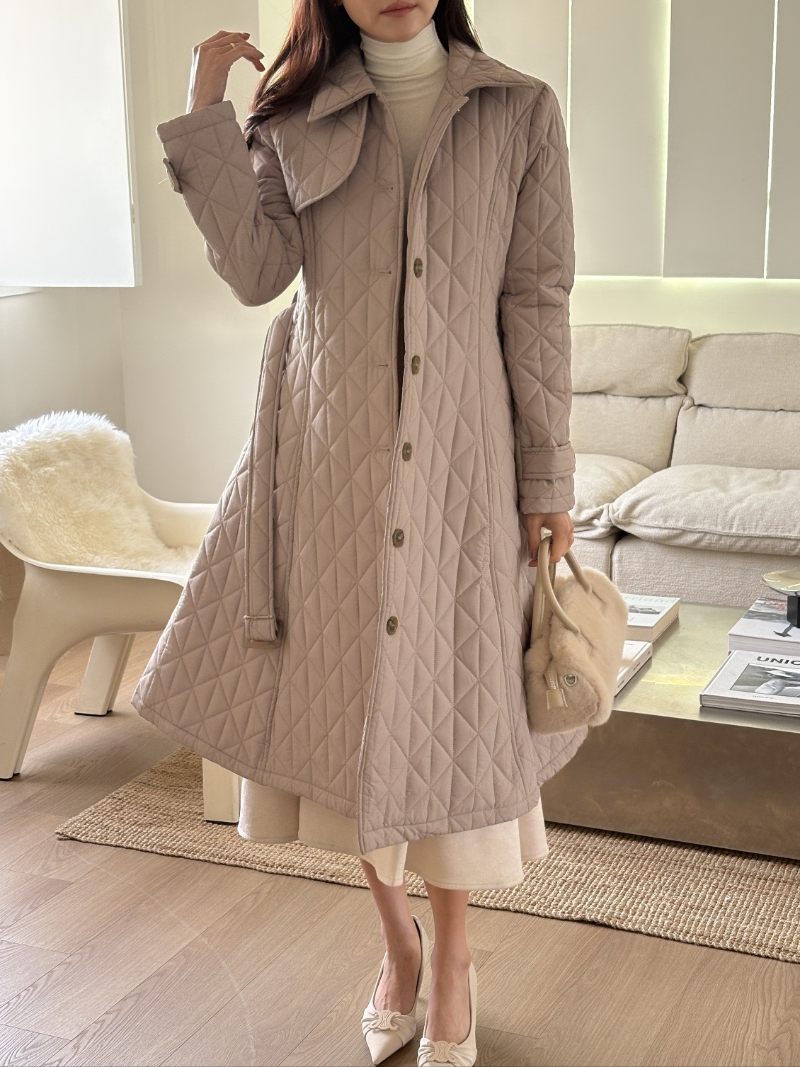 キルティングボタンカラーロング長袖フレアコートダウンジャケットベルト付 | 詳細画像4