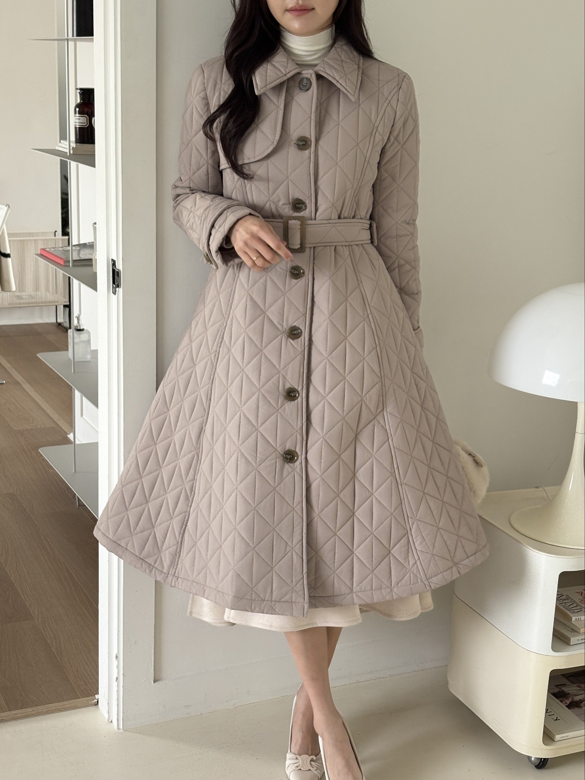 キルティングボタンカラーロング長袖フレアコートダウンジャケットベルト付 | 詳細画像11