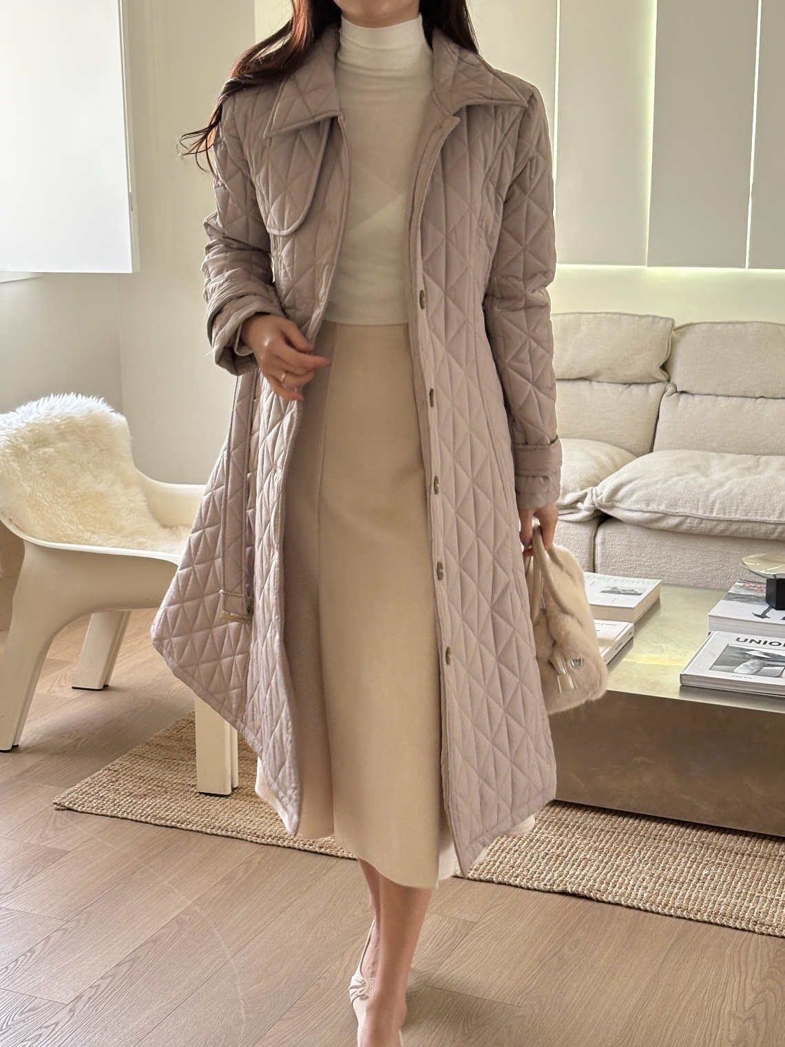 キルティングボタンカラーロング長袖フレアコートダウンジャケットベルト付 | 詳細画像6