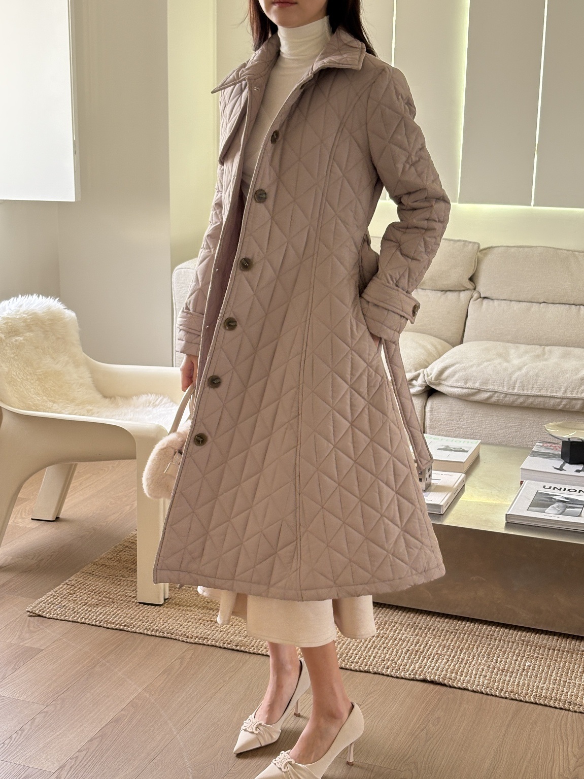 キルティングボタンカラーロング長袖フレアコートダウンジャケットベルト付 | 詳細画像7