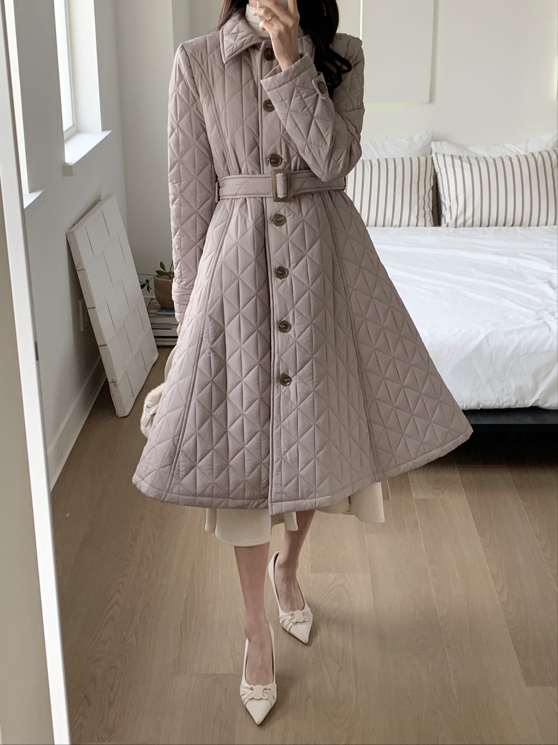 キルティングボタンカラーロング長袖フレアコートダウンジャケットベルト付 | 詳細画像8