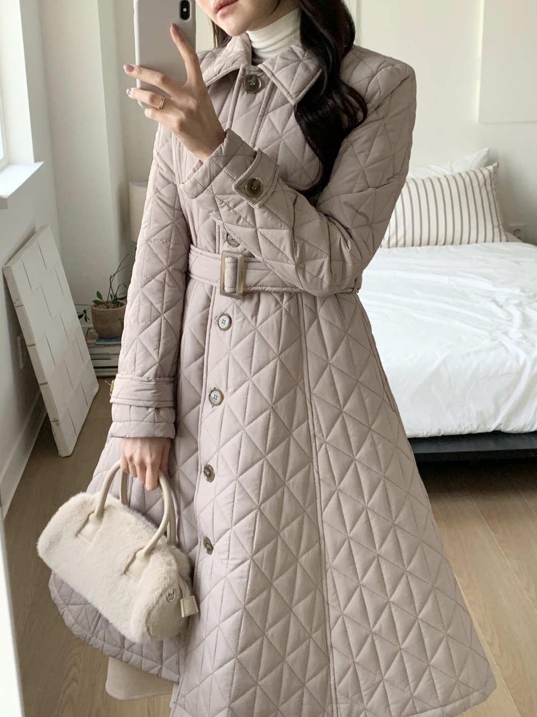 キルティングボタンカラーロング長袖フレアコートダウンジャケットベルト付 | 詳細画像9