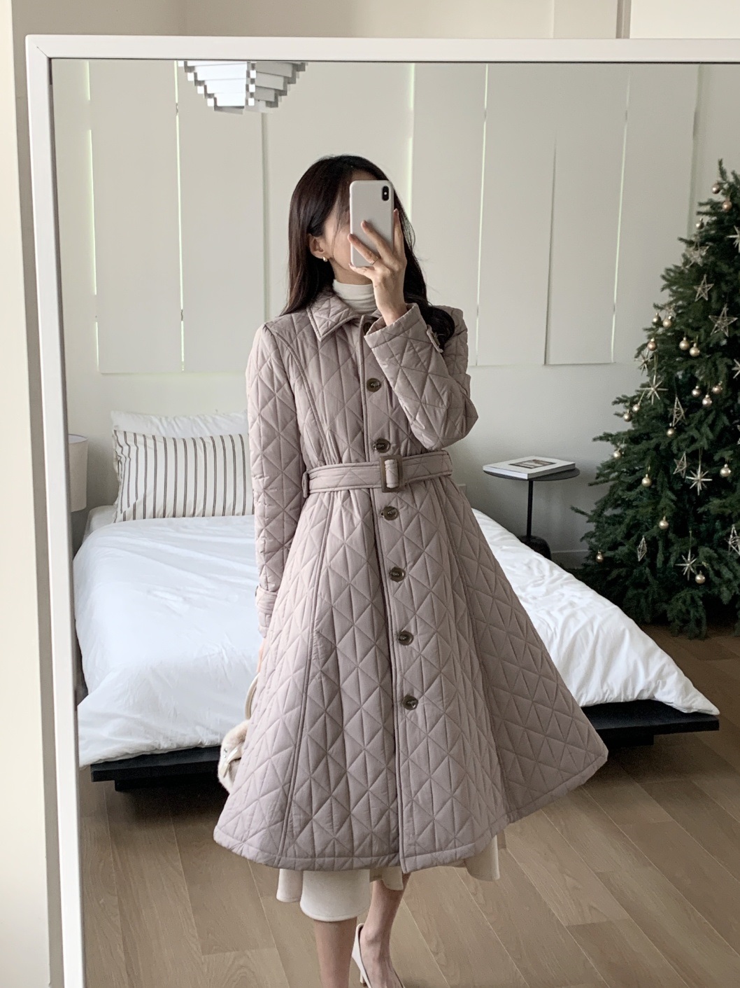 キルティングボタンカラーロング長袖フレアコートダウンジャケットベルト付 | 詳細画像2