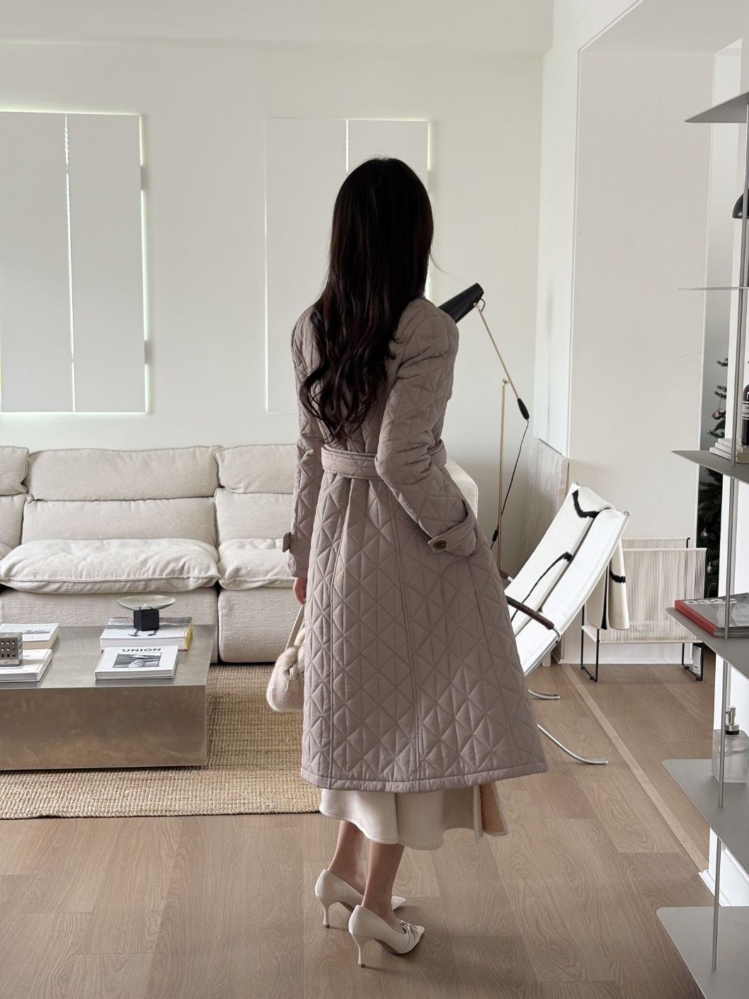 キルティングボタンカラーロング長袖フレアコートダウンジャケットベルト付 | 詳細画像10