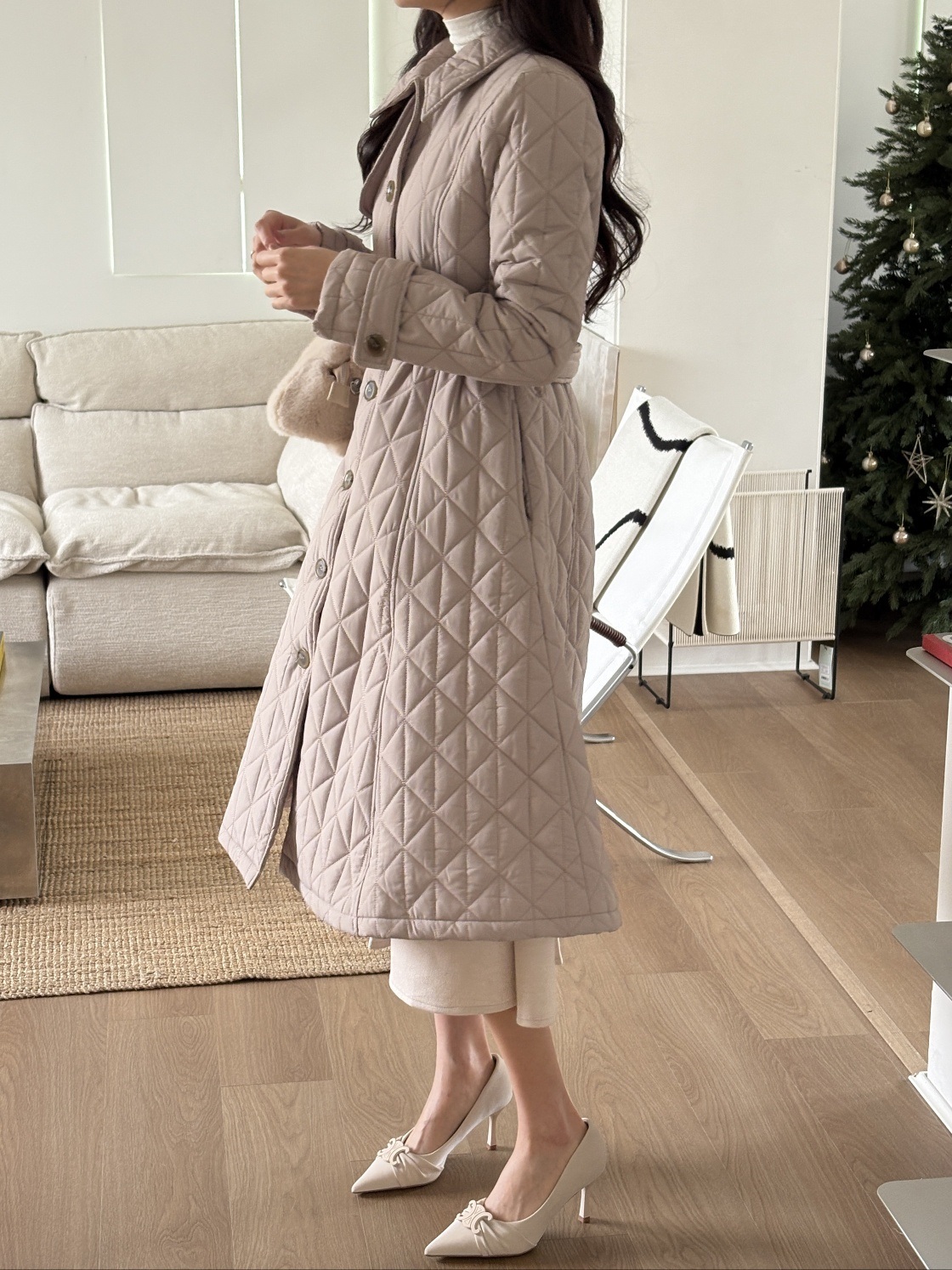 キルティングボタンカラーロング長袖フレアコートダウンジャケットベルト付 | 詳細画像12