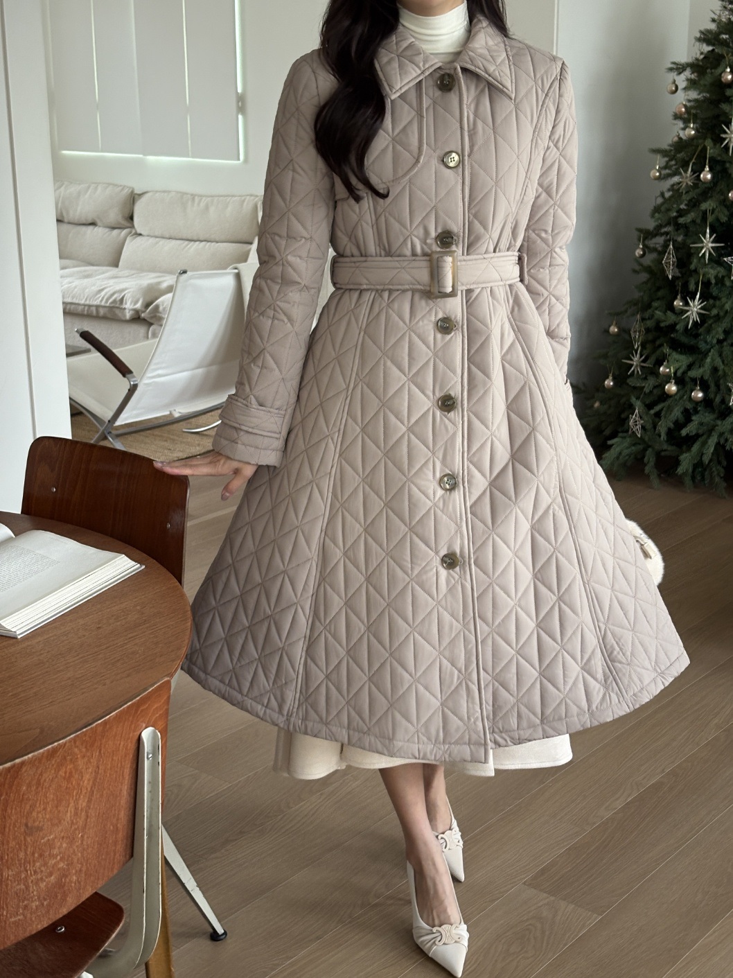 キルティングボタンカラーロング長袖フレアコートダウンジャケットベルト付 | 詳細画像5