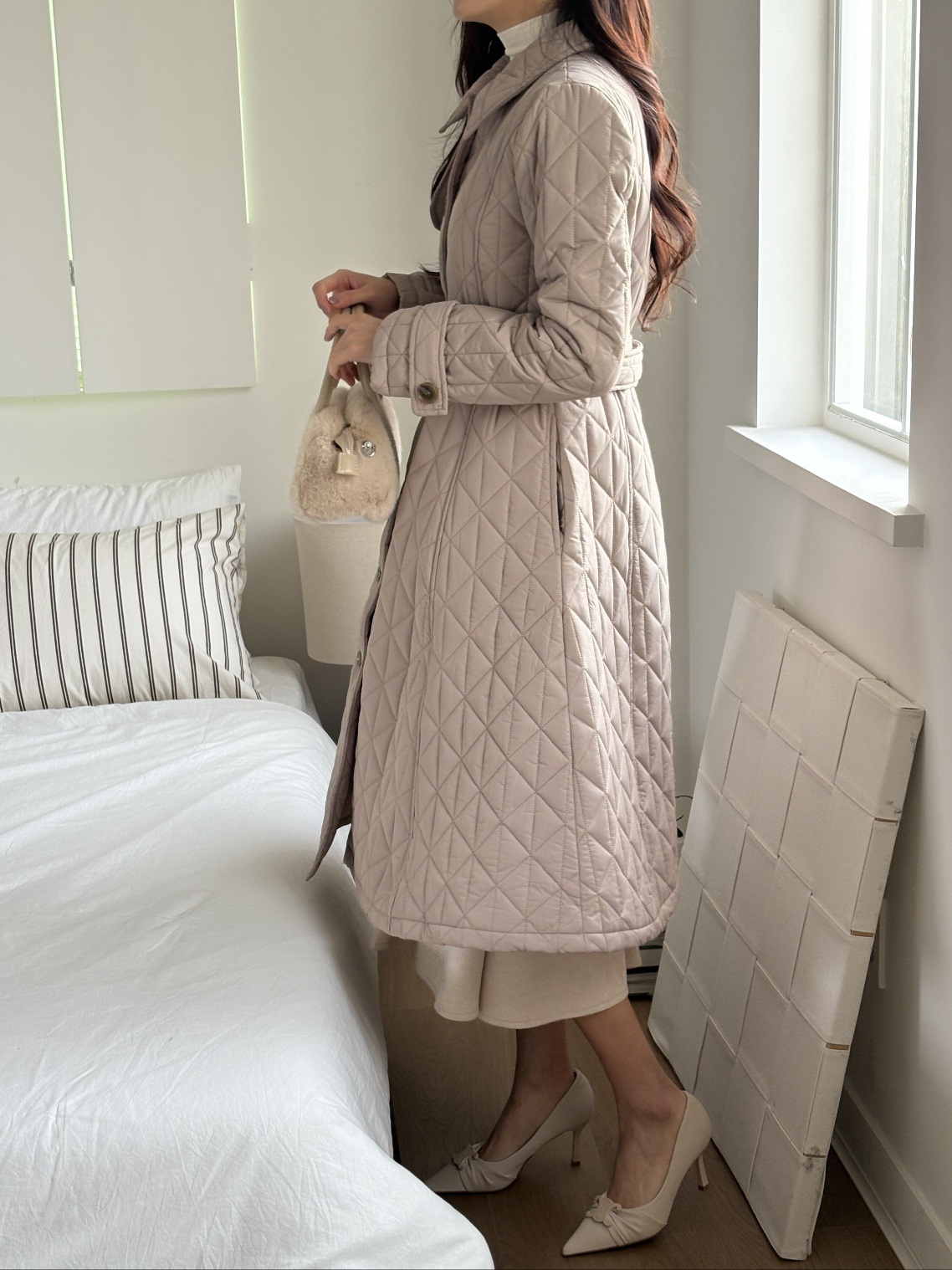 キルティングボタンカラーロング長袖フレアコートダウンジャケットベルト付 | 詳細画像19