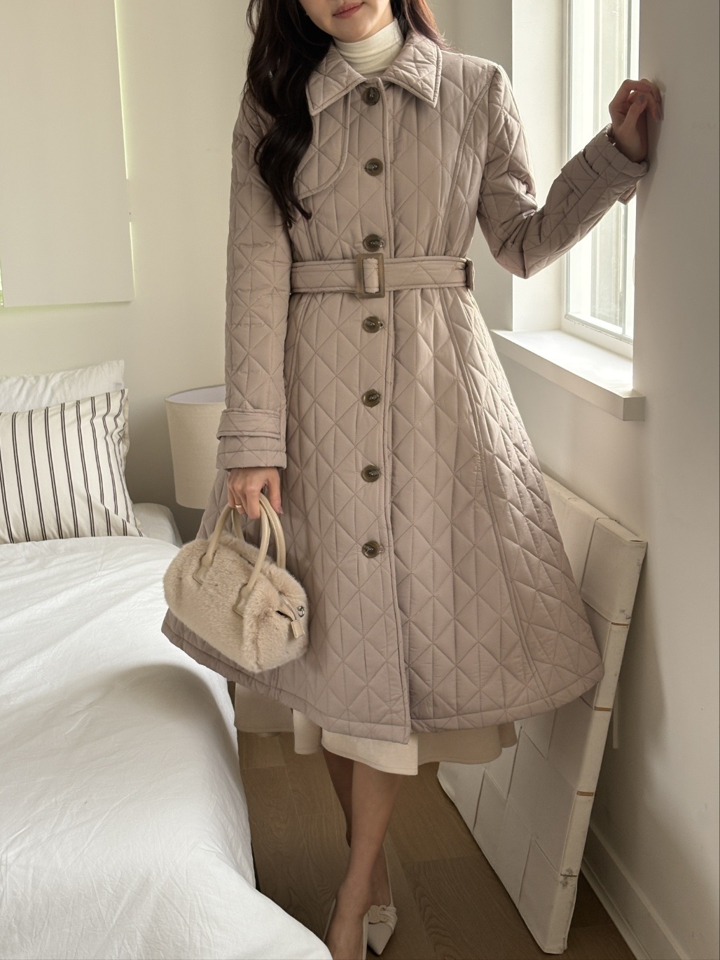 キルティングボタンカラーロング長袖フレアコートダウンジャケットベルト付 | 詳細画像20