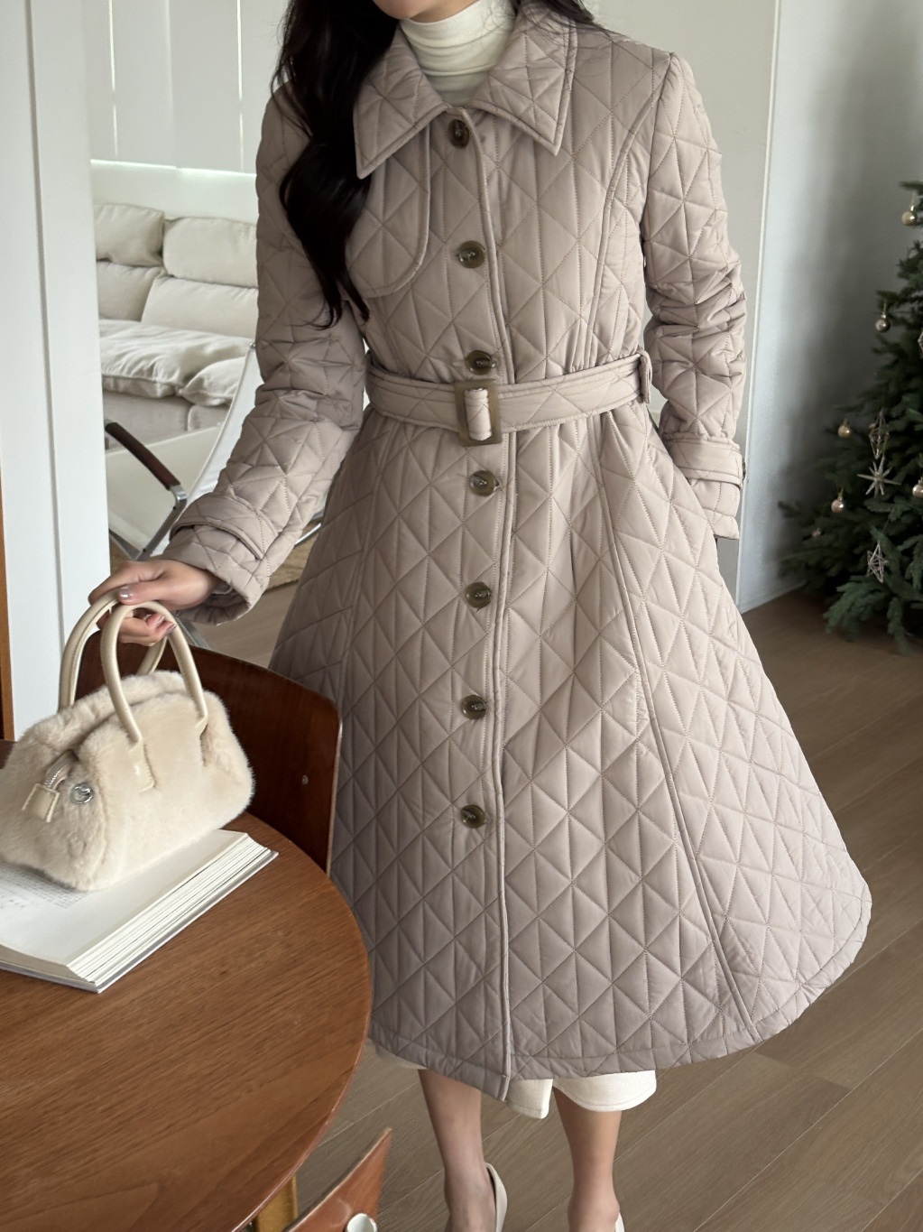 キルティングボタンカラーロング長袖フレアコートダウンジャケットベルト付 | 詳細画像15