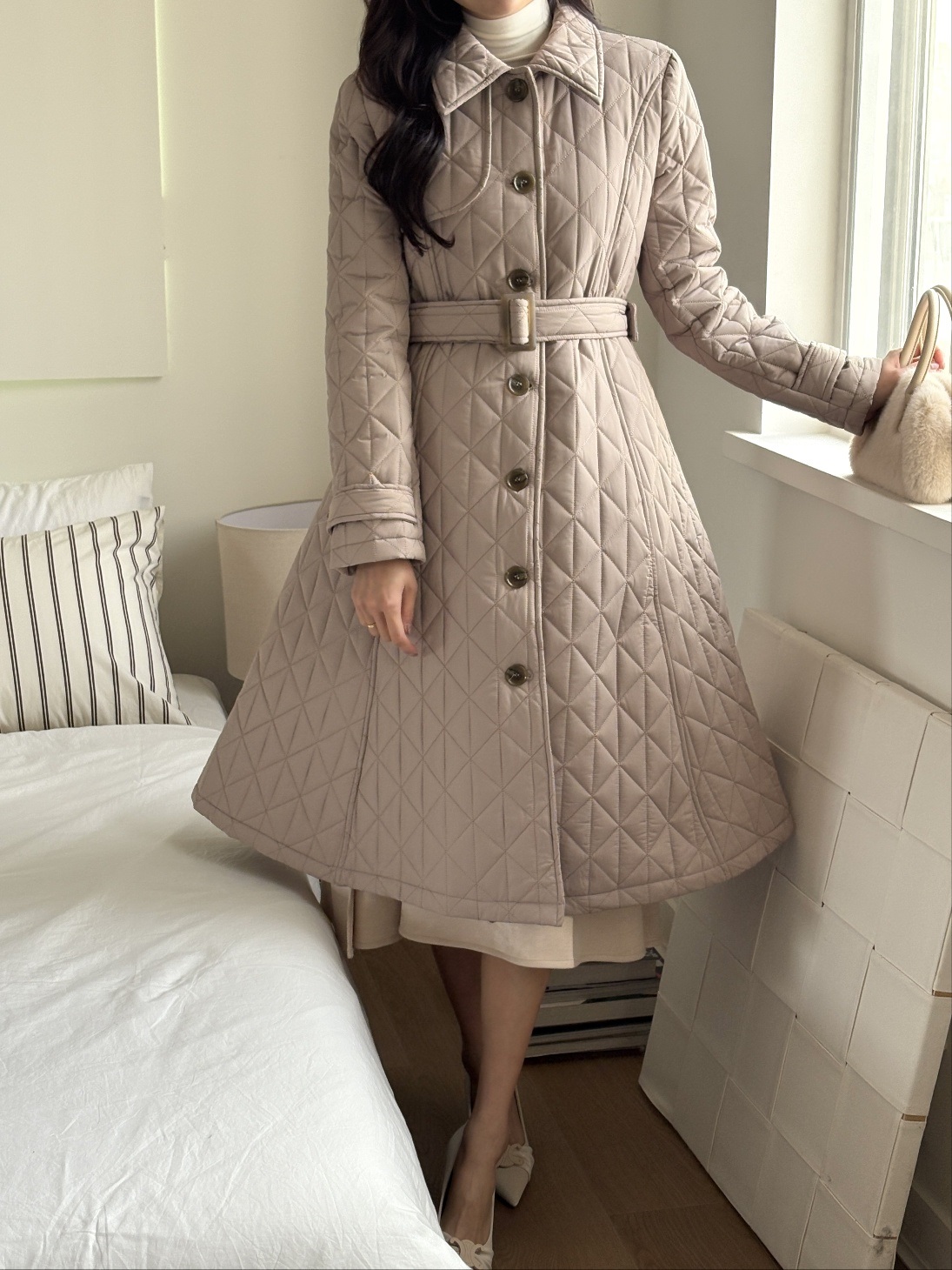 キルティングボタンカラーロング長袖フレアコートダウンジャケットベルト付 | 詳細画像17