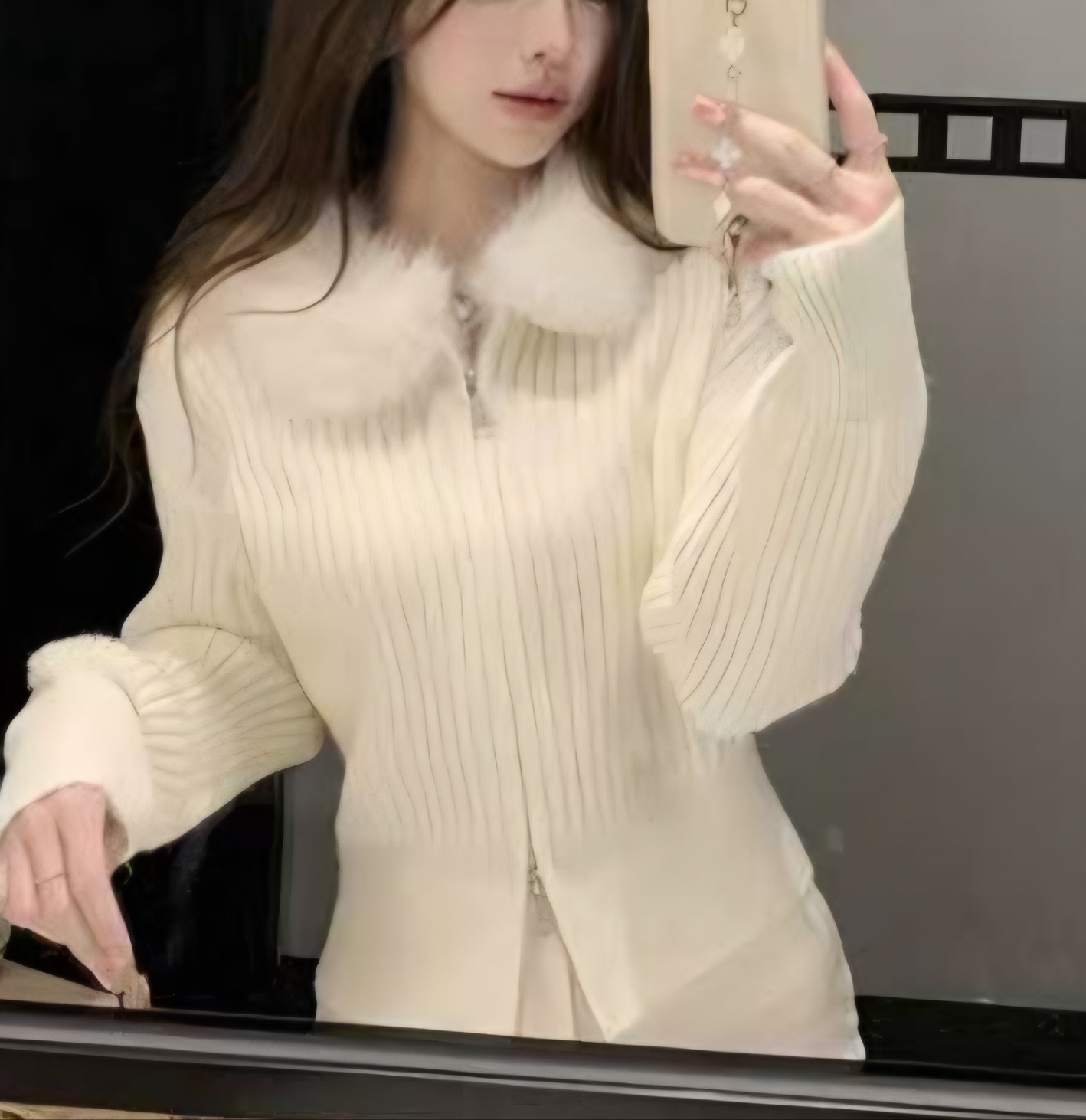 ニットコンビエコファーダブルジップスリムレイヤード風長袖カーディガン | 詳細画像2