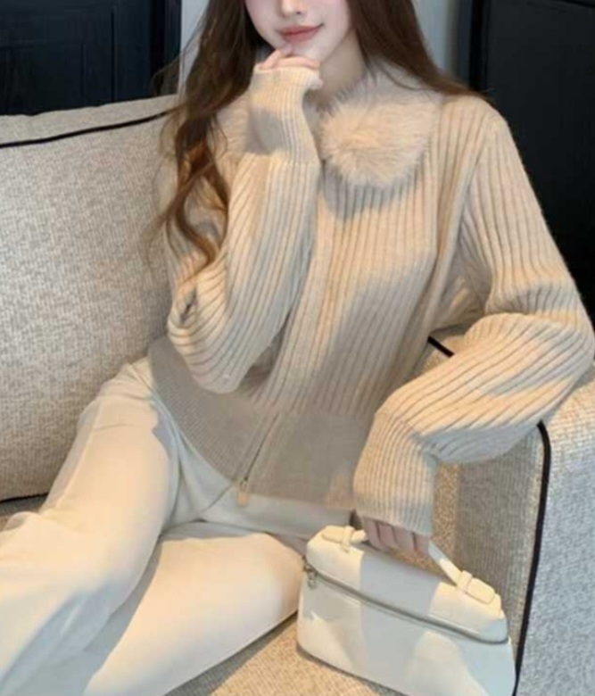 ニットコンビエコファーダブルジップスリムレイヤード風長袖カーディガン | 詳細画像3