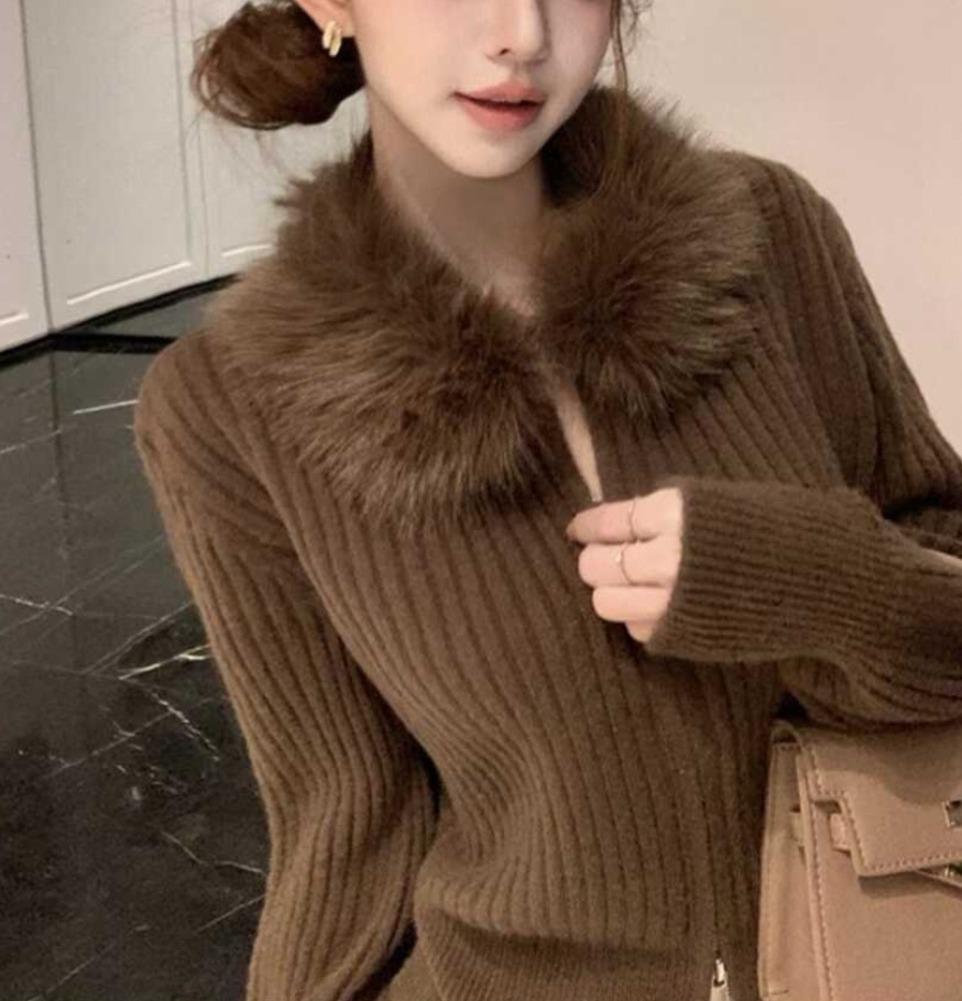 ニットコンビエコファーダブルジップスリムレイヤード風長袖カーディガン | 詳細画像4