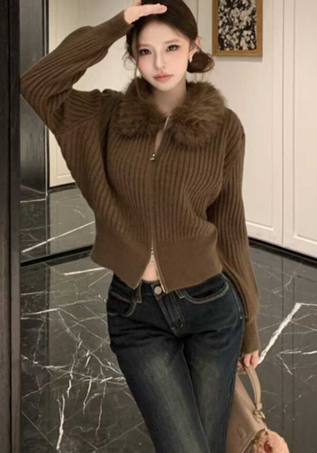 ニットコンビエコファーダブルジップスリムレイヤード風長袖カーディガン | 詳細画像5