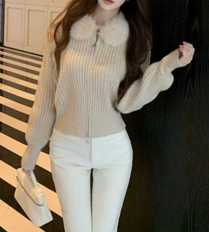 ニットコンビエコファーダブルジップスリムレイヤード風長袖カーディガン | 詳細画像6