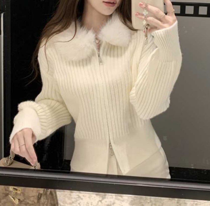 ニットコンビエコファーダブルジップスリムレイヤード風長袖カーディガン | 詳細画像7