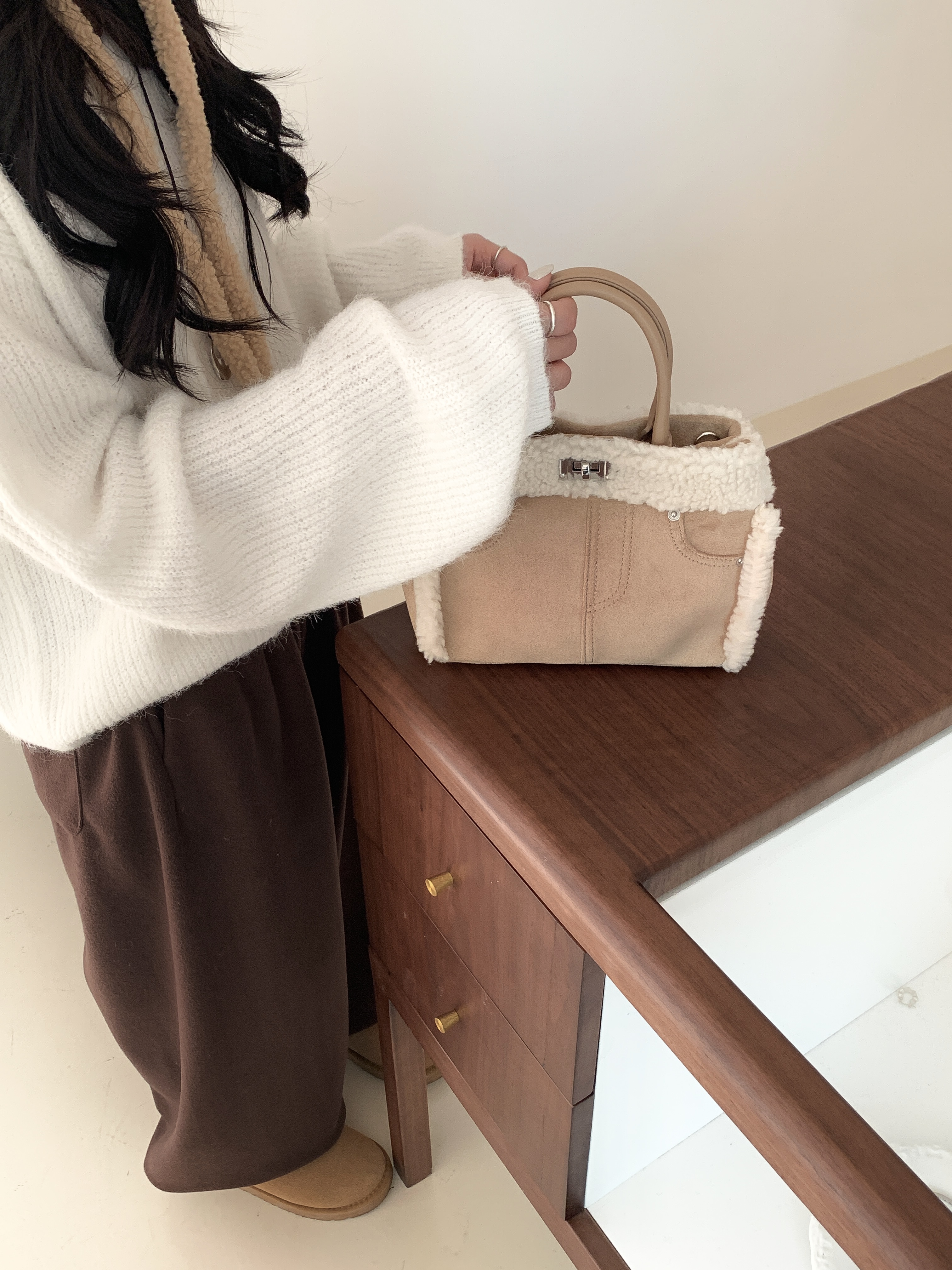 ボアレザー調コンビショルダーバッグトートバッグ2WAYストラップ付 | 詳細画像9