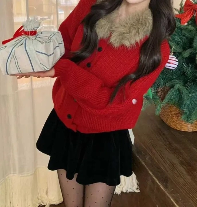 ニットコンビウール混エコファーボタンスリムレイヤード風長袖カーディガン | 詳細画像2