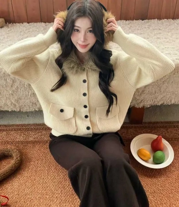 ニットコンビウール混エコファーボタンスリムレイヤード風長袖カーディガン | 詳細画像3