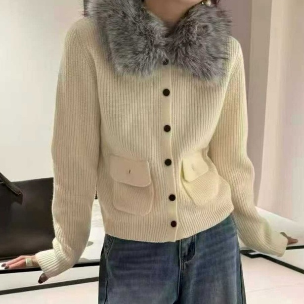 ニットコンビウール混エコファーボタンスリムレイヤード風長袖カーディガン | 詳細画像5