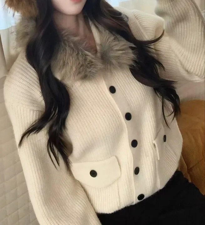 ニットコンビウール混エコファーボタンスリムレイヤード風長袖カーディガン | 詳細画像6