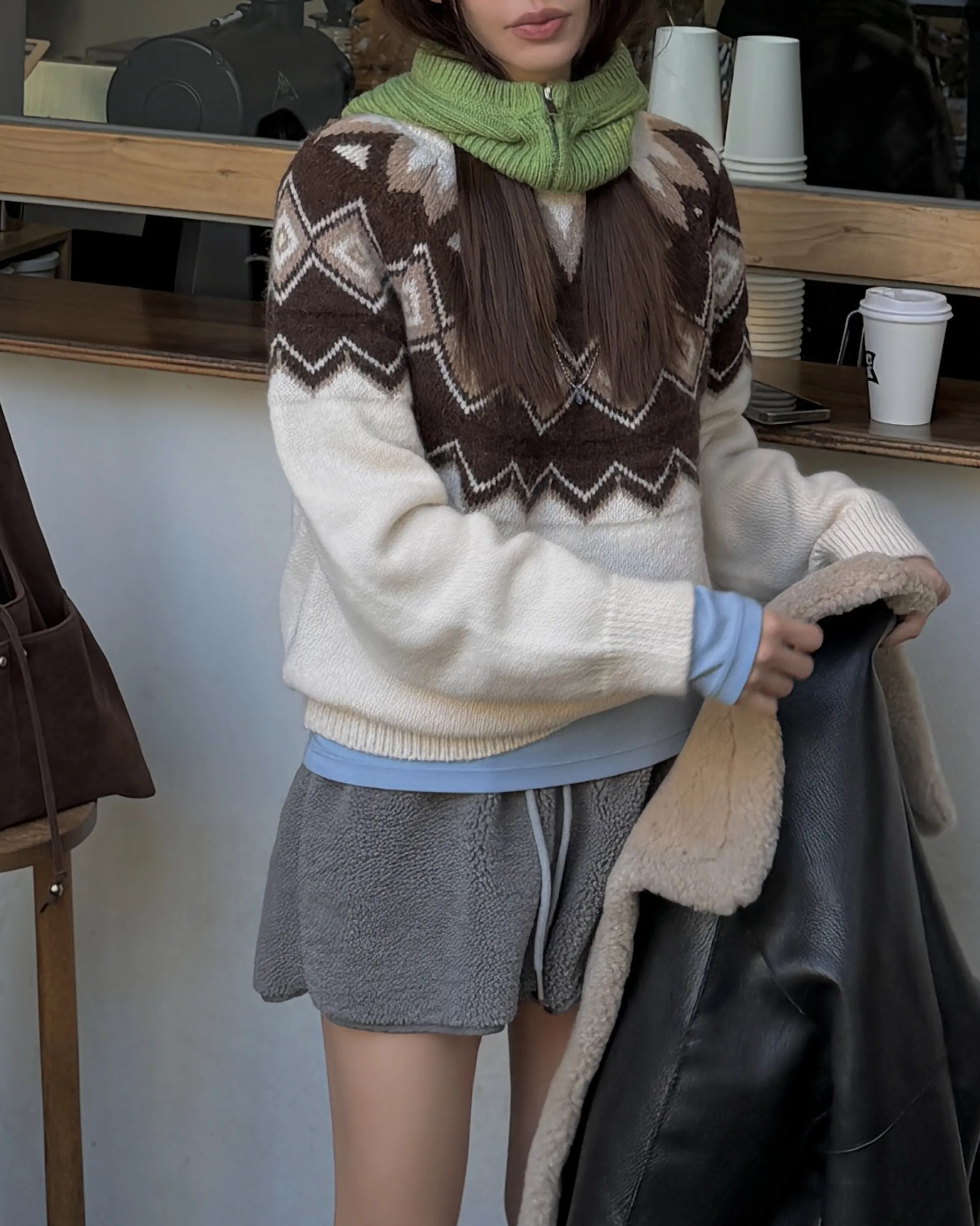 ウール混アルパカ混紡ラウンドネックベーシック長袖ノルディックニット | 詳細画像1