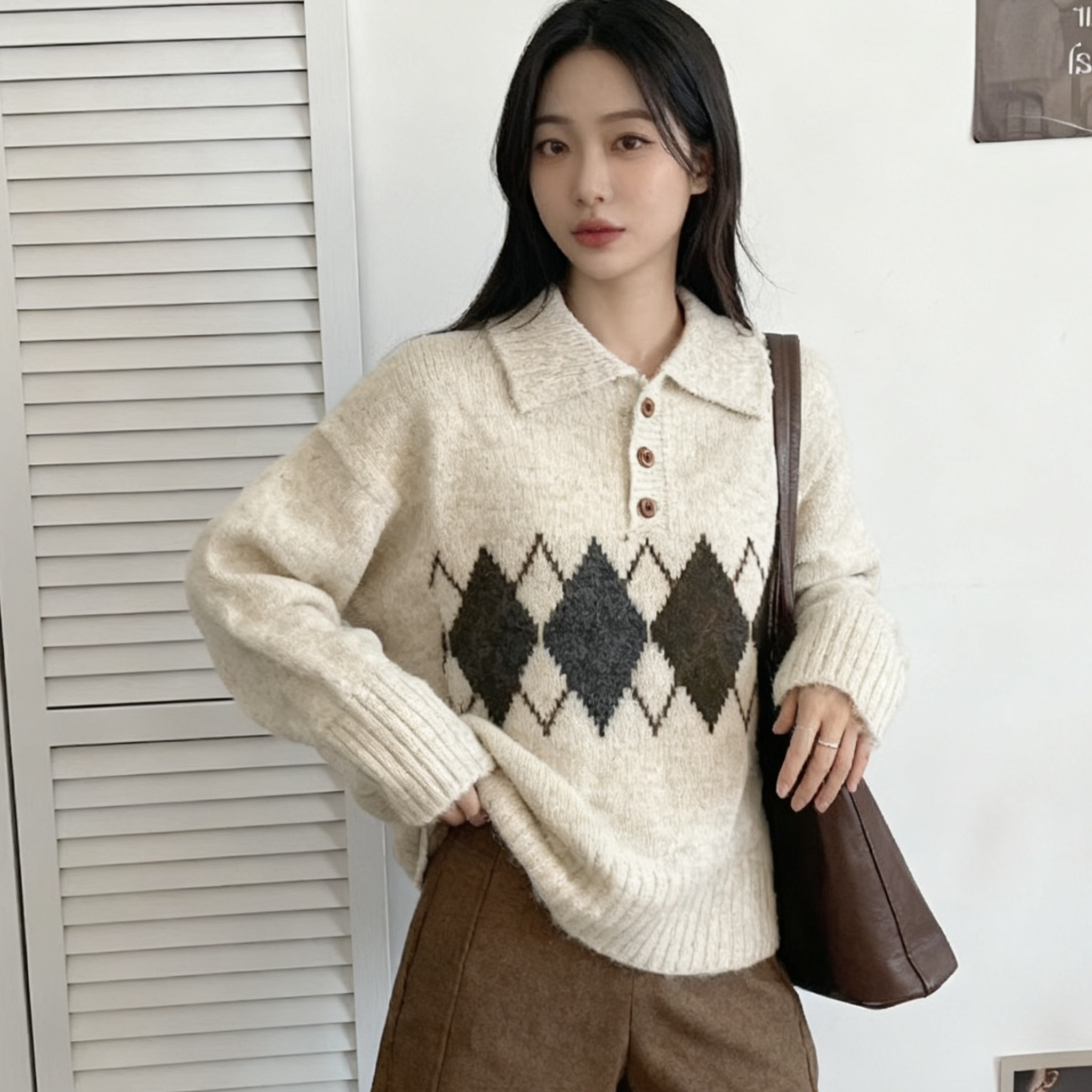 ウール混ボタンカラー長袖アーガイルニット | 詳細画像2