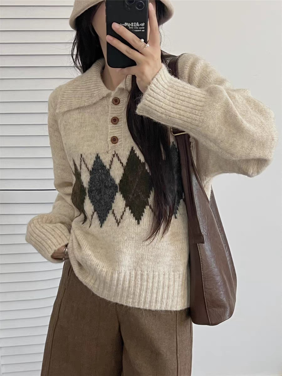 ウール混ボタンカラー長袖アーガイルニット | 詳細画像3