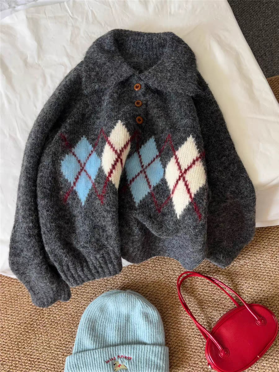 ウール混ボタンカラー長袖アーガイルニット | 詳細画像14