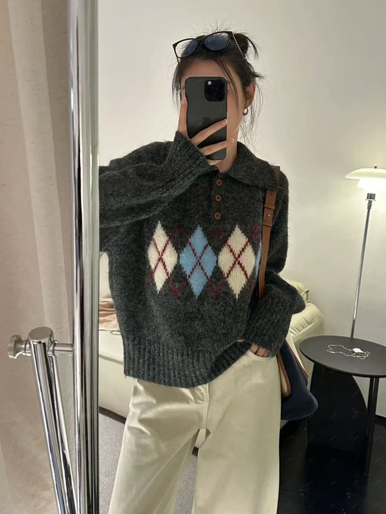 ウール混ボタンカラー長袖アーガイルニット | 詳細画像11