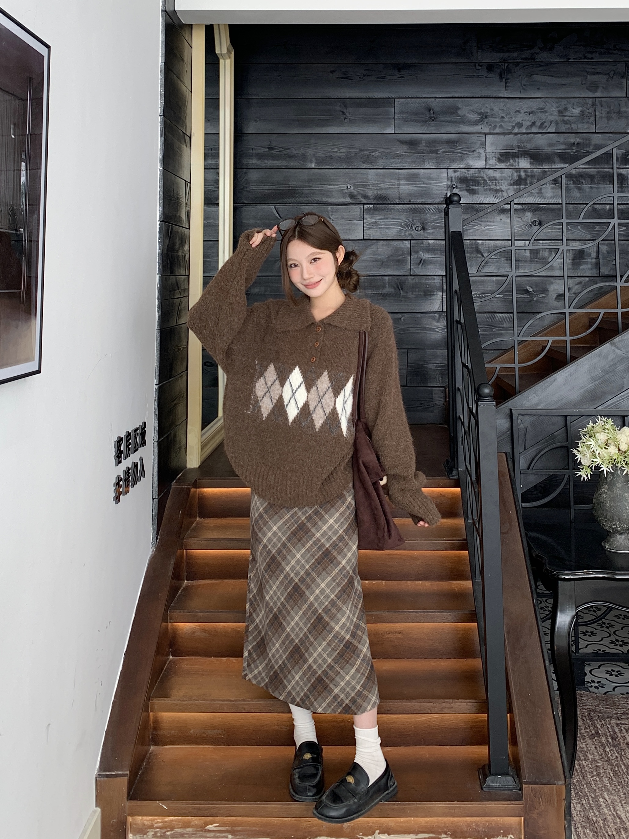 ウール混ボタンカラー長袖アーガイルニット | 詳細画像6