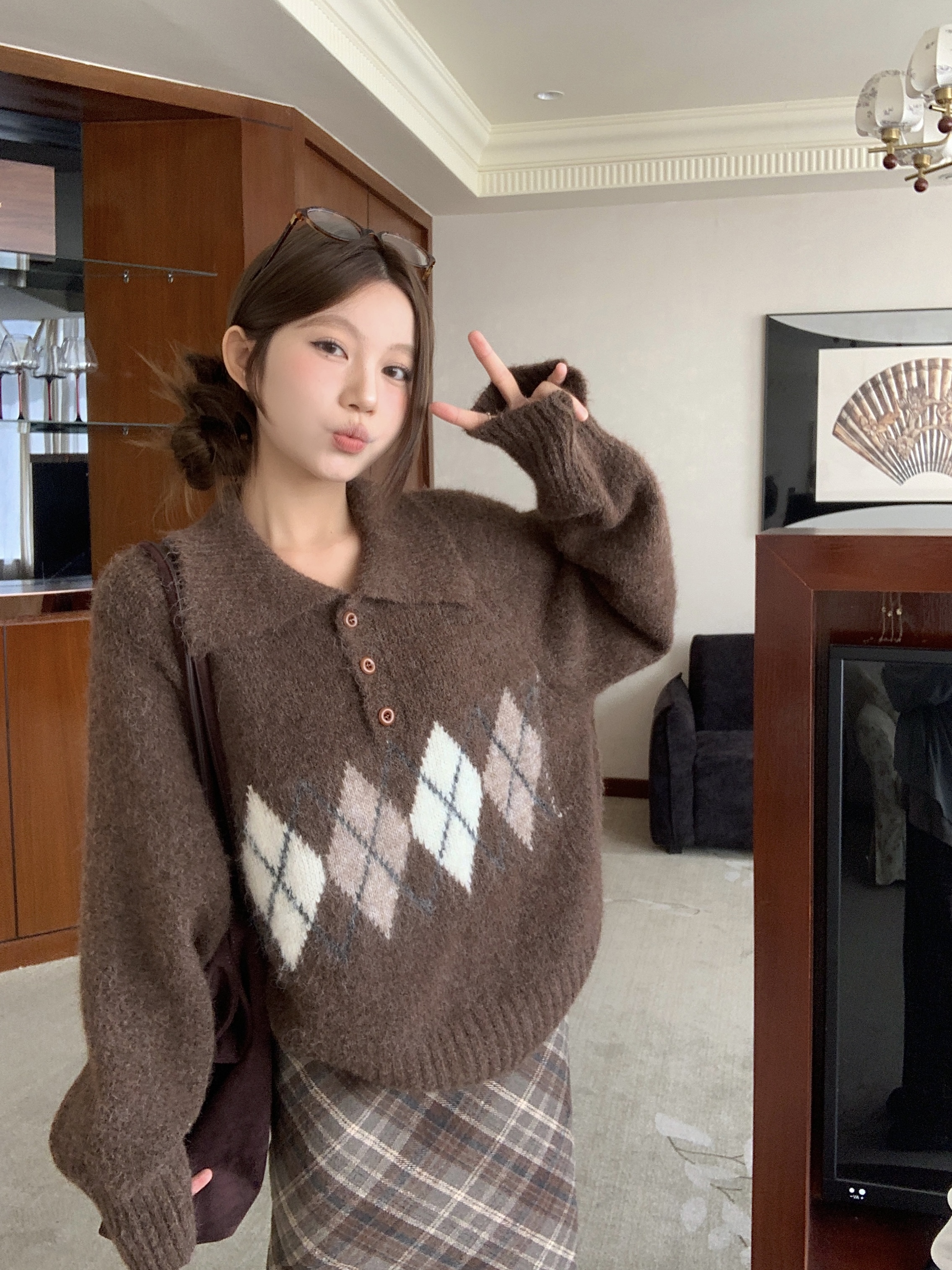 ウール混ボタンカラー長袖アーガイルニット | 詳細画像7