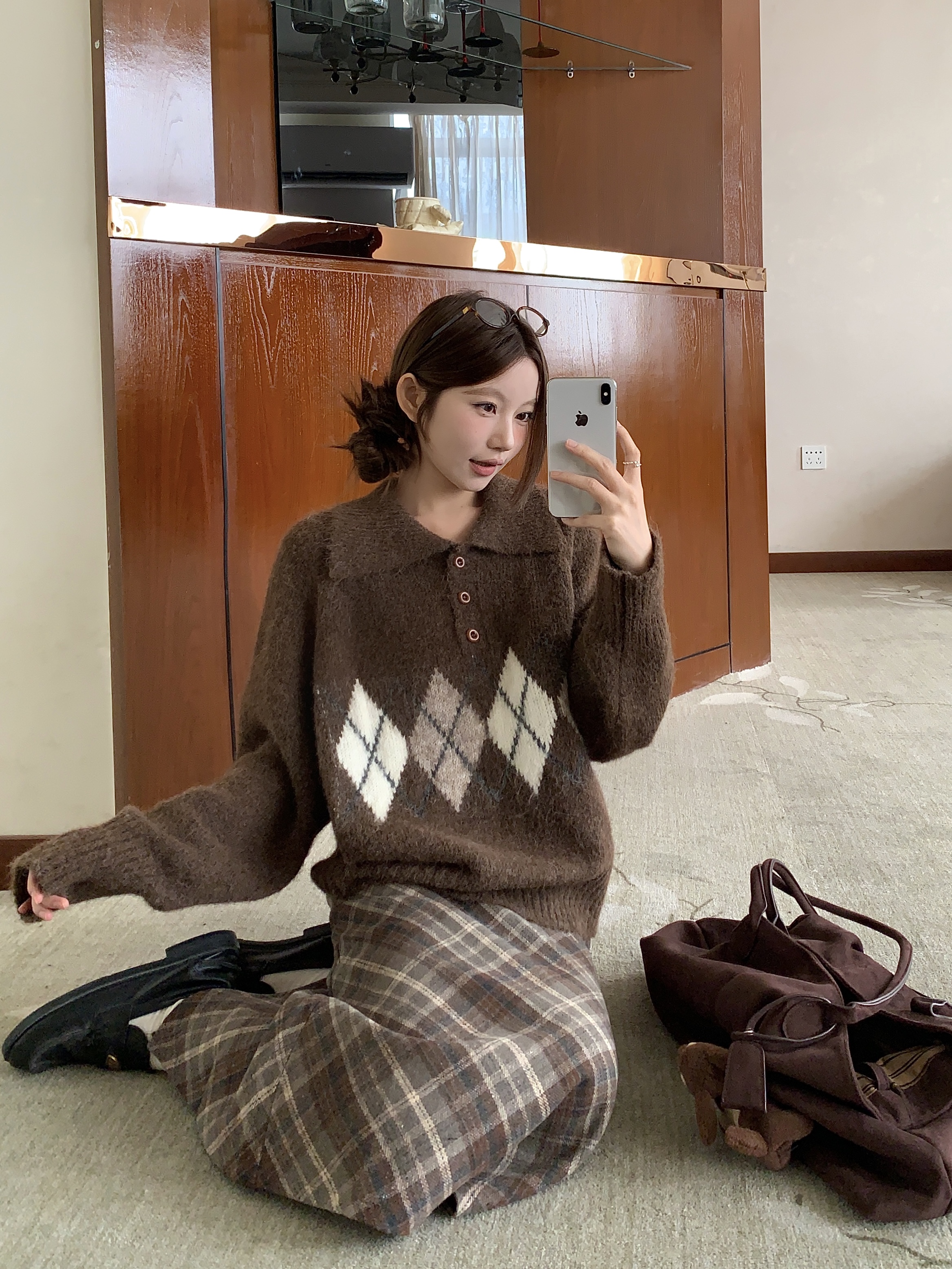 ウール混ボタンカラー長袖アーガイルニット | 詳細画像8