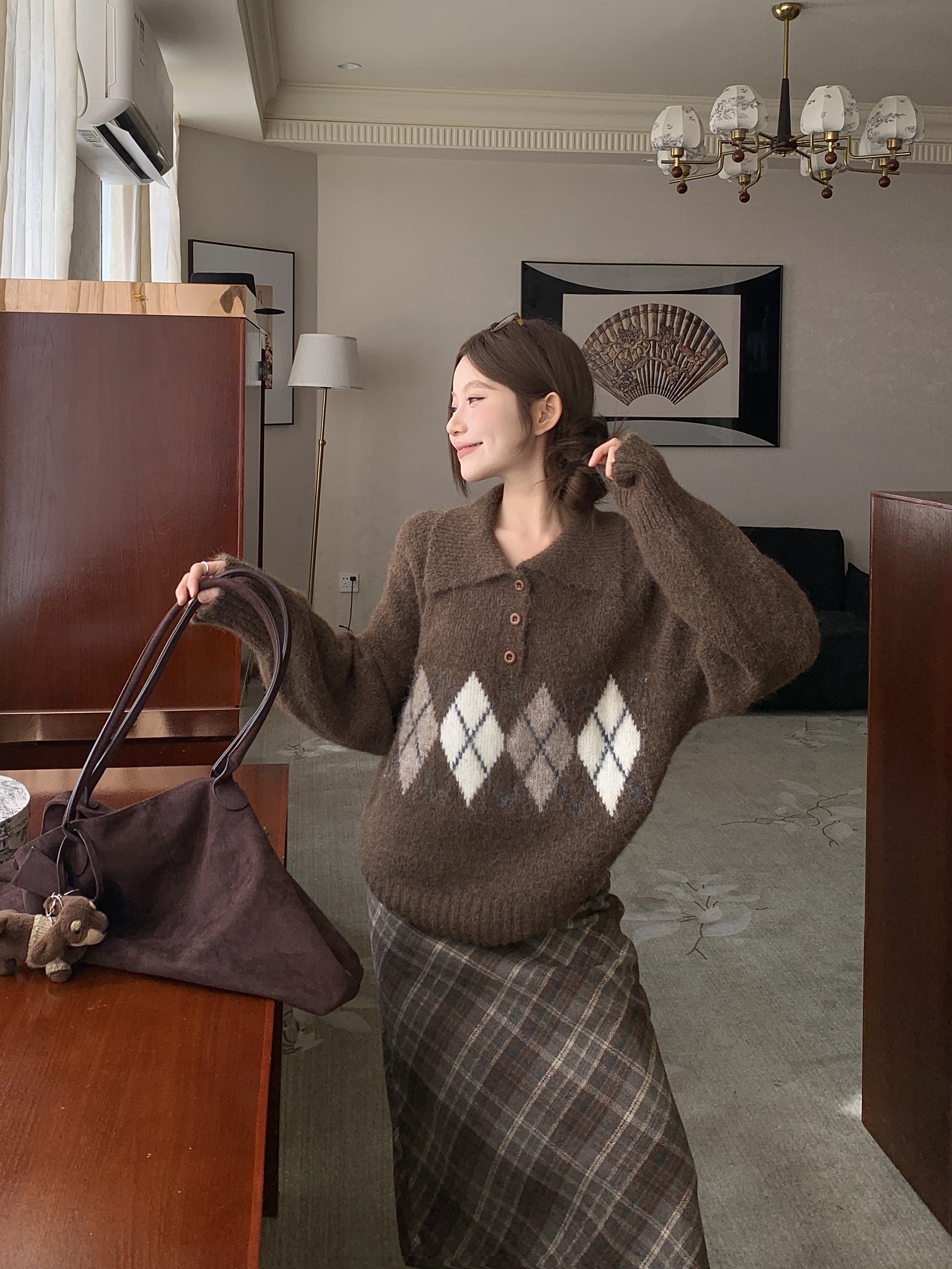 ウール混ボタンカラー長袖アーガイルニット | 詳細画像9