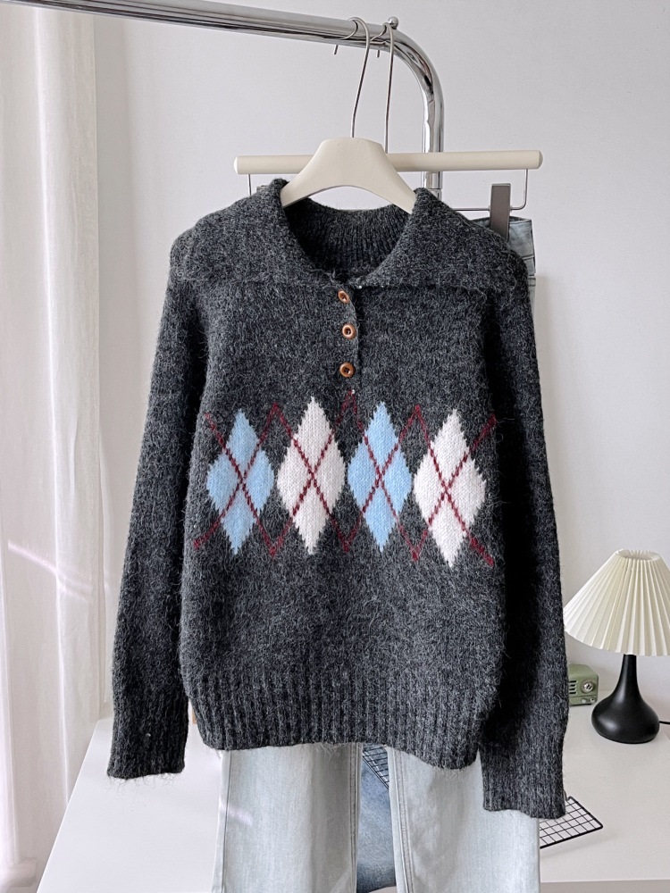 ウール混ボタンカラー長袖アーガイルニット | 詳細画像16