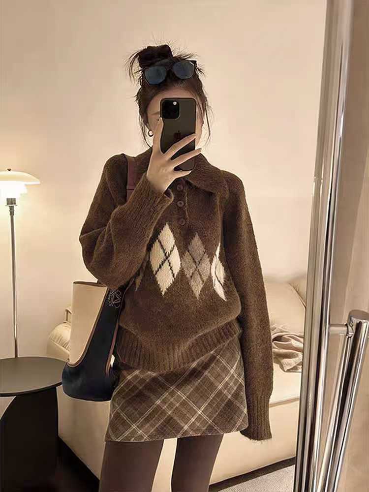 ウール混ボタンカラー長袖アーガイルニット | 詳細画像13