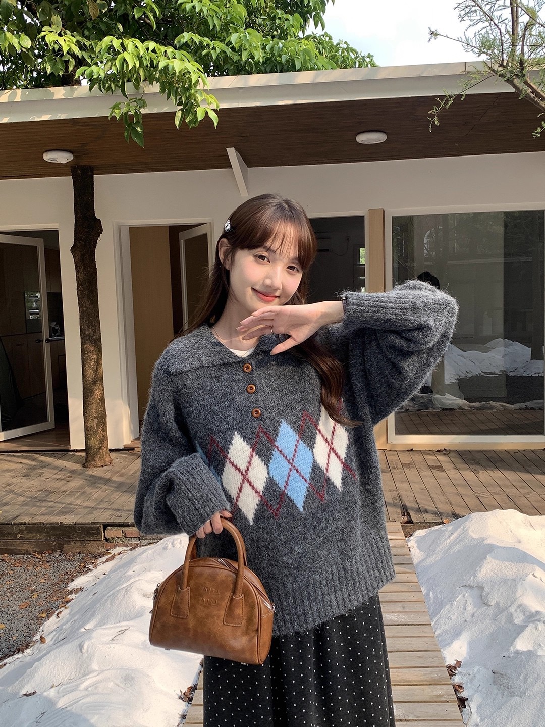 ウール混ボタンカラー長袖アーガイルニット | 詳細画像12