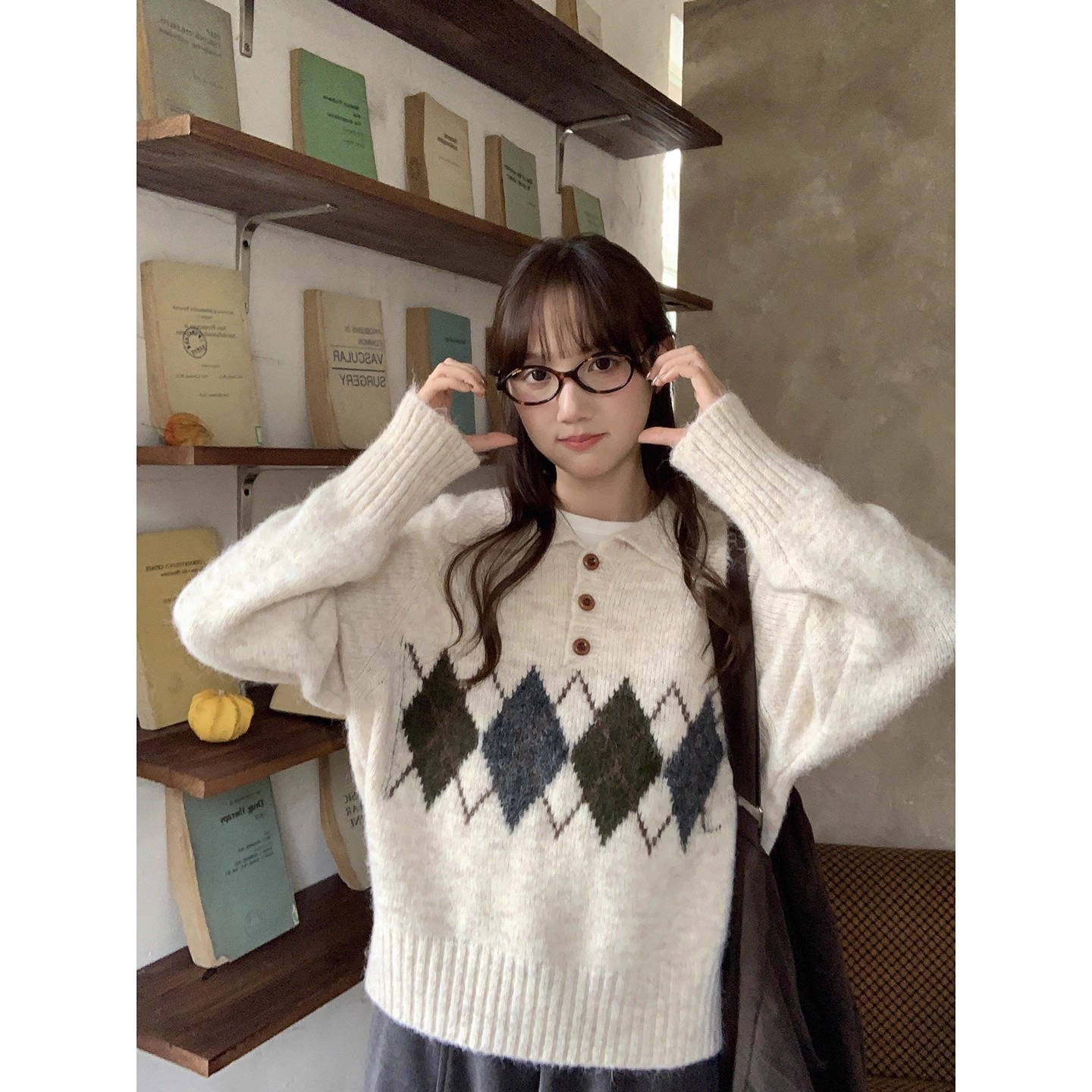 ウール混ボタンカラー長袖アーガイルニット | 詳細画像5