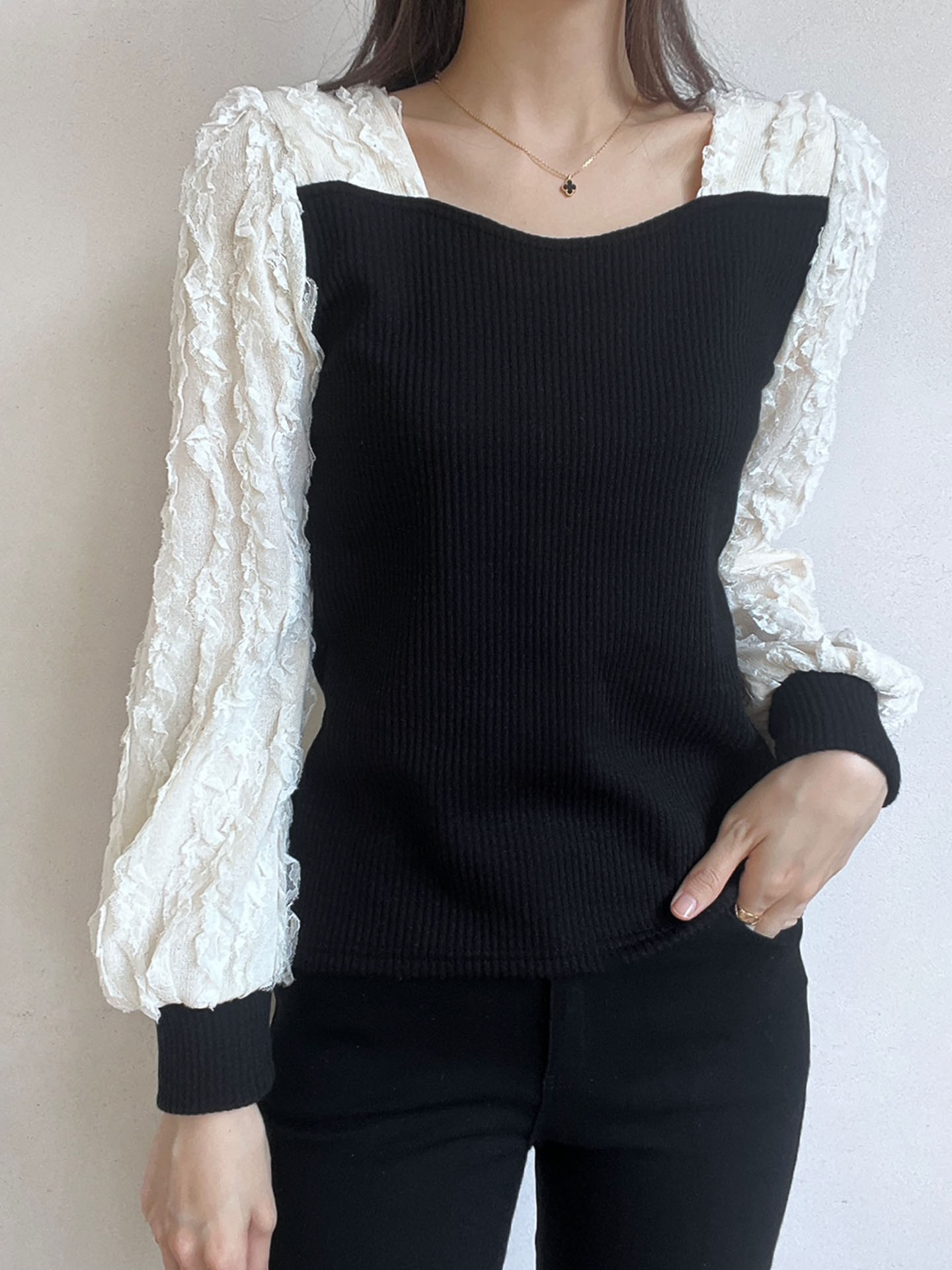 リブハートネック長袖レースTシャツ | 詳細画像2