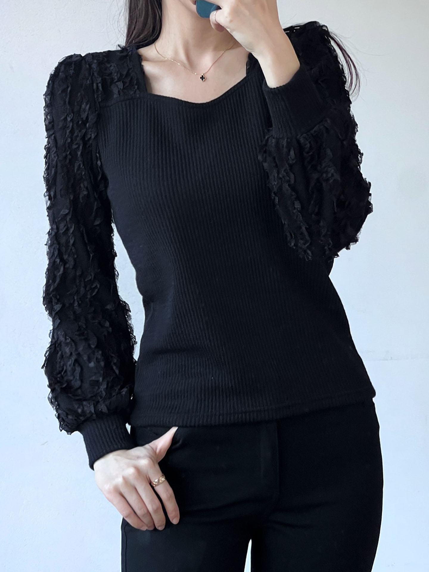 リブハートネック長袖レースTシャツ | 詳細画像3