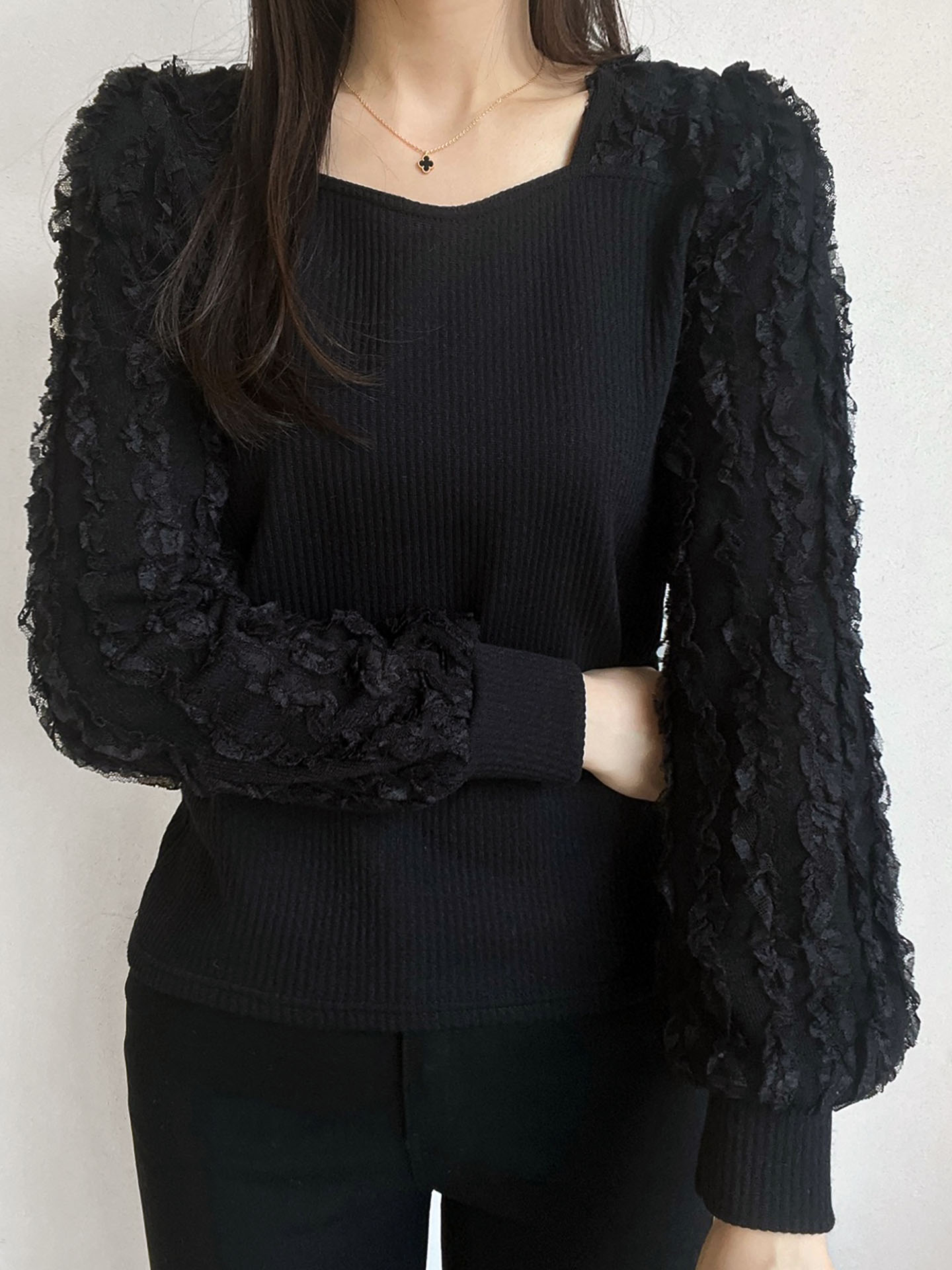 リブハートネック長袖レースTシャツ | 詳細画像4